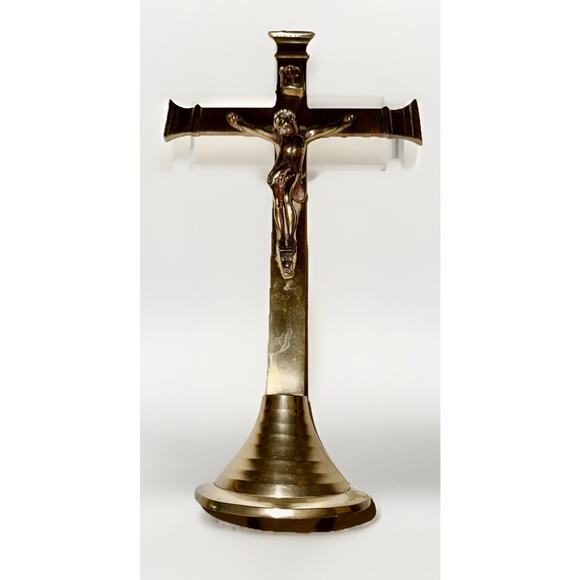 Vintage Solid Brass Standing Catholic Cross Crucifix Jesus Christ 13x7 - Picture 4 of 4